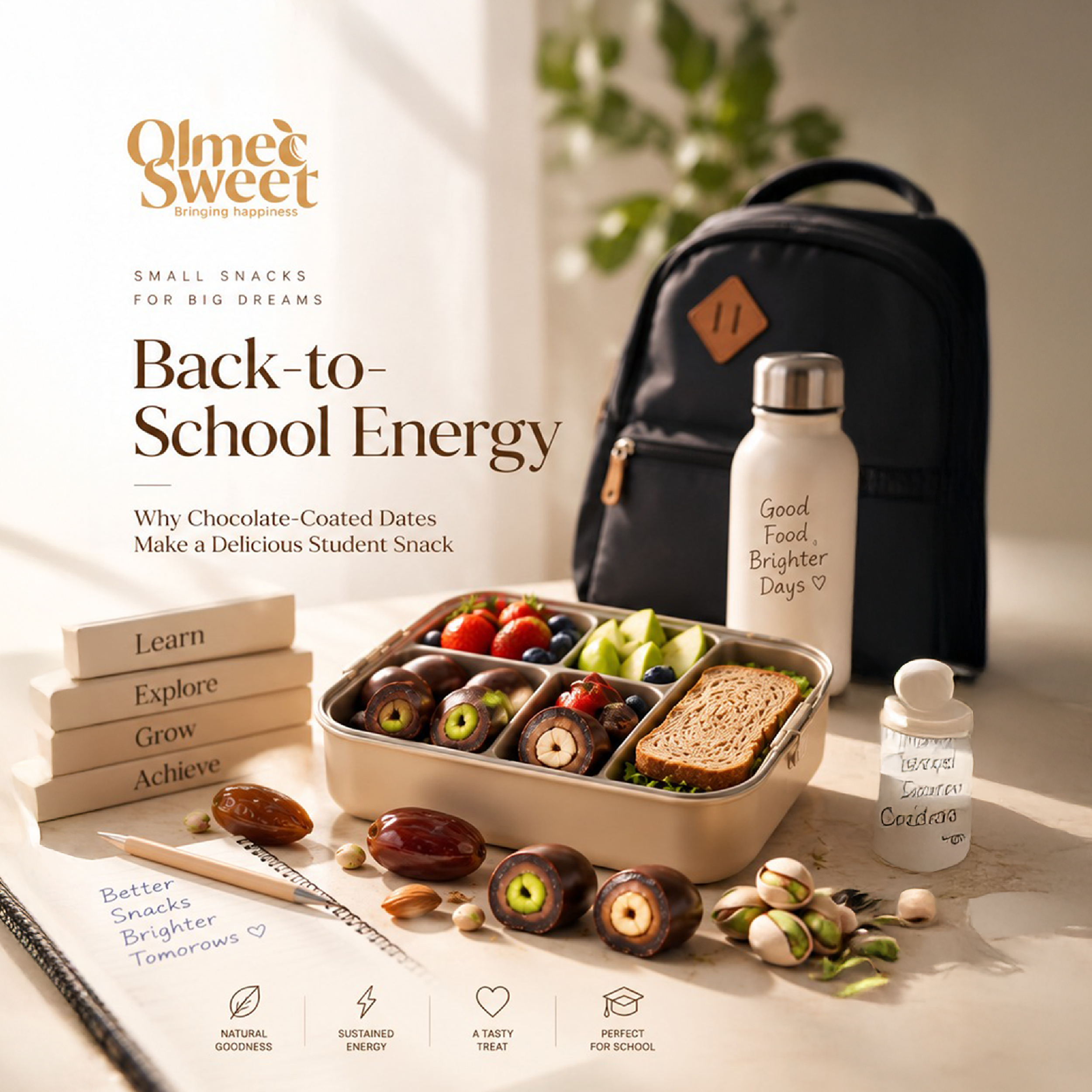 Back-to-school snack box with chocolate-coated dates, fruits, sandwich, pistachios, and a water bottle