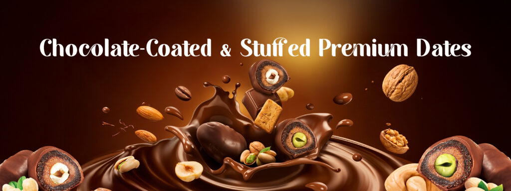 Premium Olmec chocolate-coated and stuffed dates displayed in a luxurious chocolate splash. The image features assorted premium dates filled with pistachios, hazelnuts, walnuts, and other nuts, covered in rich milk chocolate. Floating nuts, chocolate pieces, and coffee beans surround the centerpiece against a warm brown gradient background. The headline reads “Chocolate-Coated & Stuffed Premium Dates,” highlighting Olmec Sweets' gourmet date chocolate collection. This banner represents the growing popularity of premium date chocolates in the UAE and their appeal as luxury gifting and indulgent confectionery products.