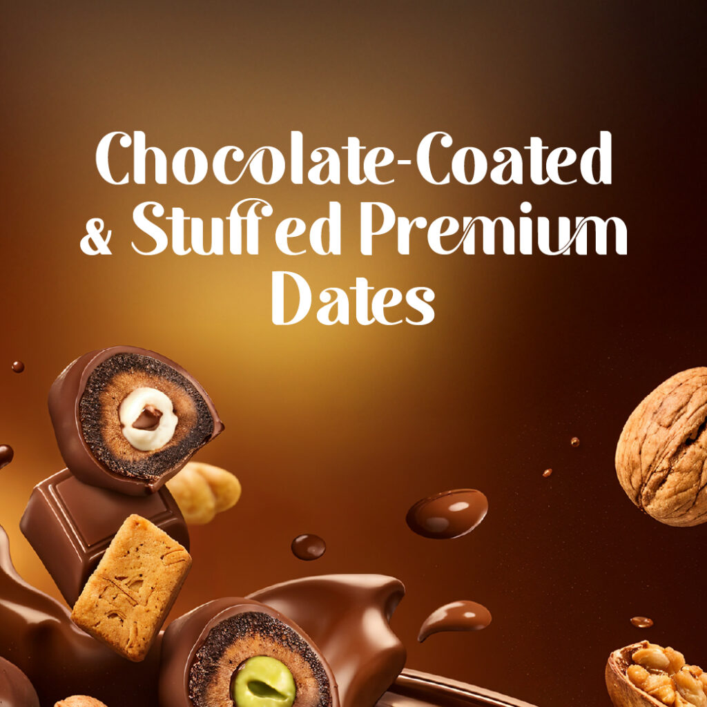 Chocolate-coated and stuffed premium dates with pistachio and hazelnut fillings, showcasing Olmec Sweet's luxury date chocolates in the UAE.