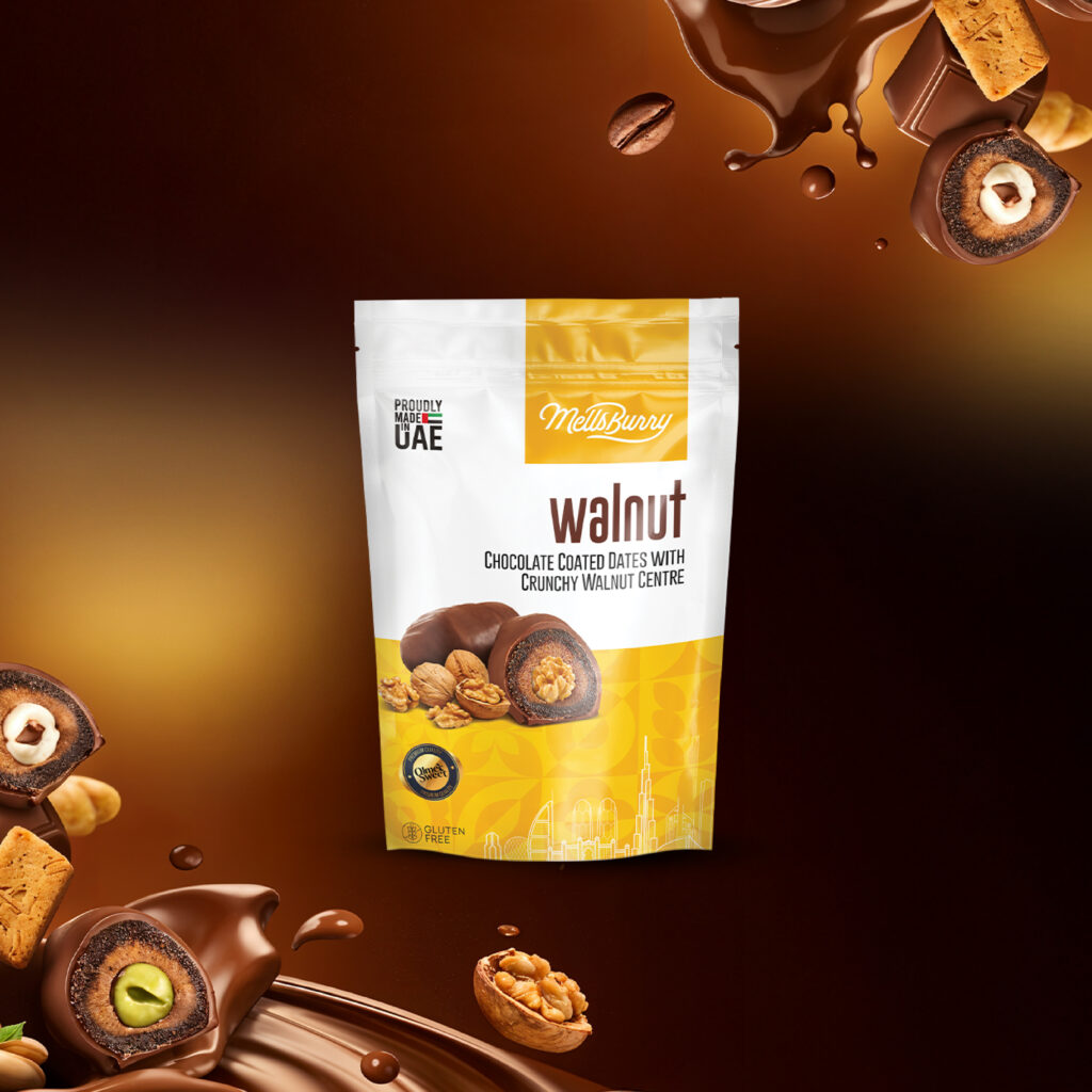 MellsBurry Walnut chocolate-coated dates package displayed on a rich chocolate-themed background with flowing chocolate, walnut pieces, and premium stuffed date chocolates. The product features chocolate-coated dates with a crunchy walnut centre, showcased alongside whole and cracked walnuts and a sliced date revealing its walnut filling. The packaging highlights its UAE origin and gluten-free quality. Surrounding chocolate splashes and gourmet ingredients emphasize luxury, indulgence, and premium confectionery craftsmanship, making it an ideal representation of gourmet chocolate-covered dates and premium Middle Eastern sweets.