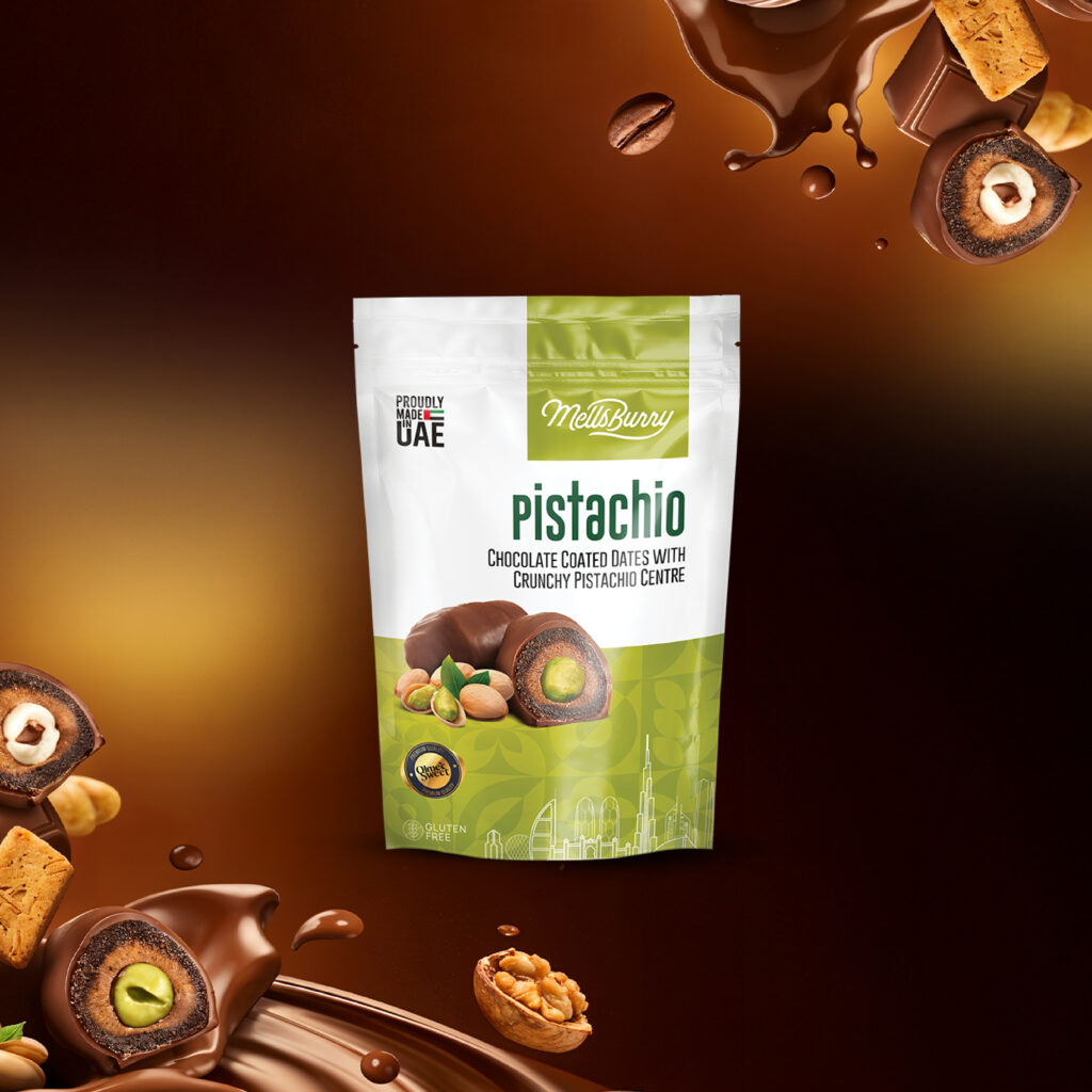Olmec Sweet Pistachio premium date chocolates with crunchy pistachio center coated in chocolate, featured as a luxury UAE confectionery product.