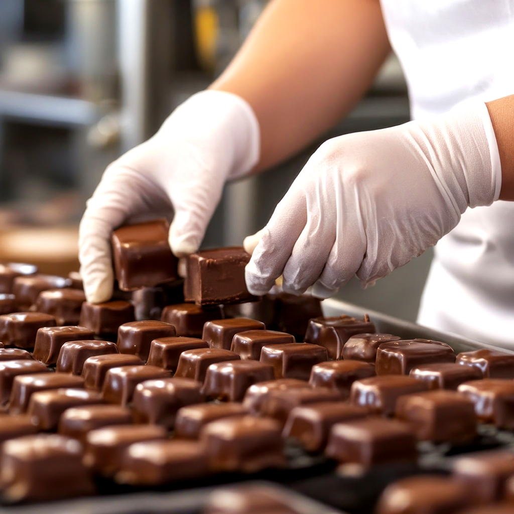 Chocolate manufacturing process with quality control at Arabian Treatz factory in the UAE, showcasing premium handcrafted chocolates.