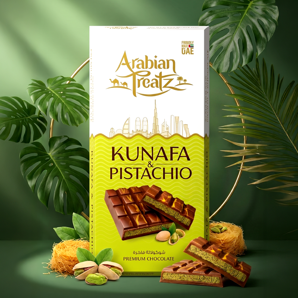 Arabian Treatz Kunafa & Pistachio Chocolate Bar – Premium Dubai Kunafa Chocolate Made in UAE