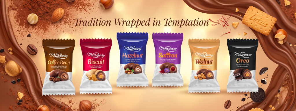 MellsBurry premium chocolate-coated dates by Olmec Sweets featuring Coffee Bean, Biscuit, Hazelnut, Saffron, Walnut, and Oreo flavours in the UAE.