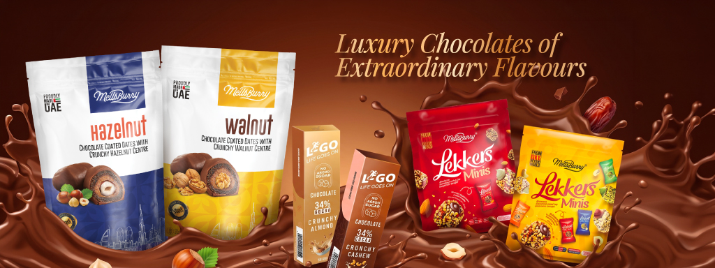 Olmec Sweets luxury chocolate collection featuring premium chocolate-coated dates, Hazelnut, Walnut, L-Go chocolates, and Lekkers Minis in UAE.
