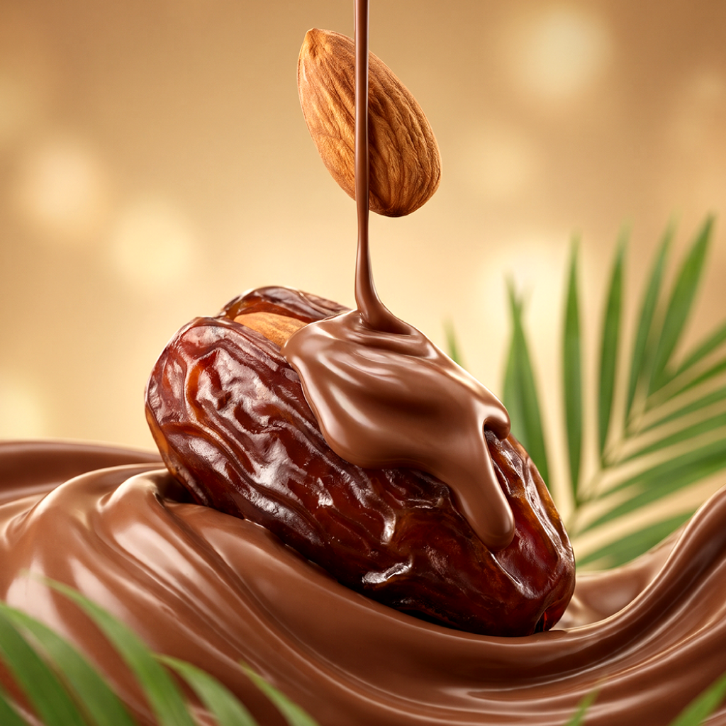 Premium chocolate-covered dates topped with roasted almonds and coated in rich milk chocolate, showcasing gourmet dates chocolates for luxury gifting, corporate gifts, Ramadan, Eid, weddings, birthdays, and festive celebrations.