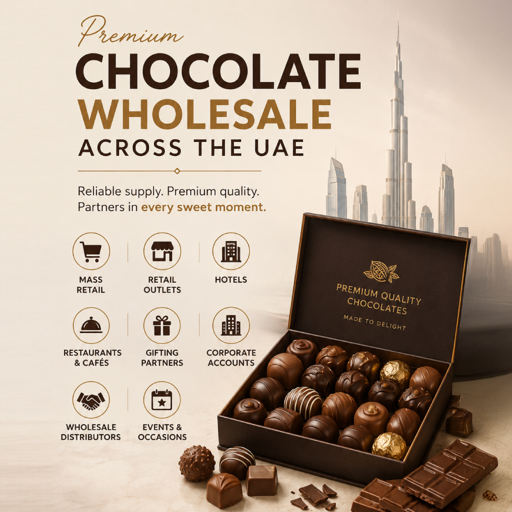 Premium chocolate wholesale supplier in the UAE offering luxury chocolates for retailers, hotels, restaurants, cafés, corporate gifting, distributors, and events.