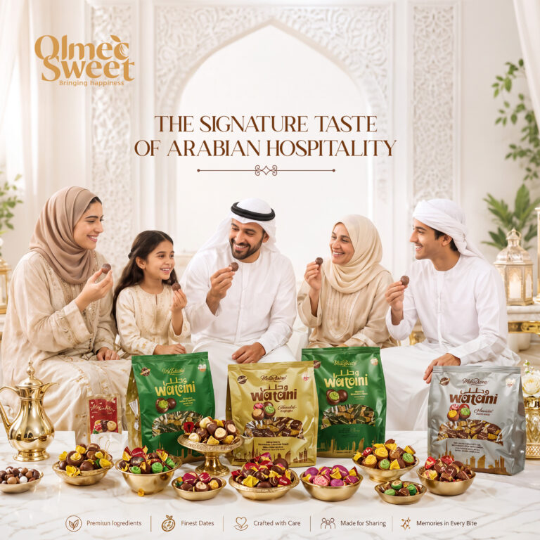 Family in traditional Arabic dress sharing and enjoying Olmec Sweet date chocolates around a table with golden serving bowls