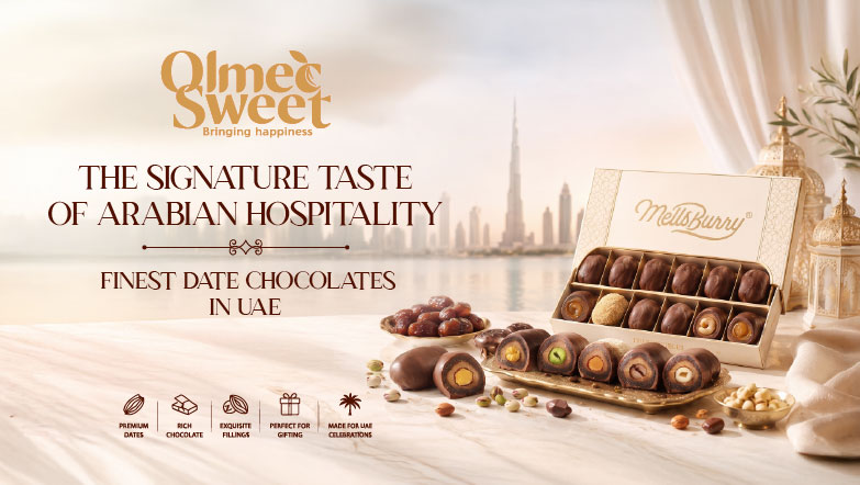 Olmec Sweet MelsBurry premium date chocolates - finest date chocolates in UAE showcasing Arabian hospitality with product box and assorted chocolate pieces