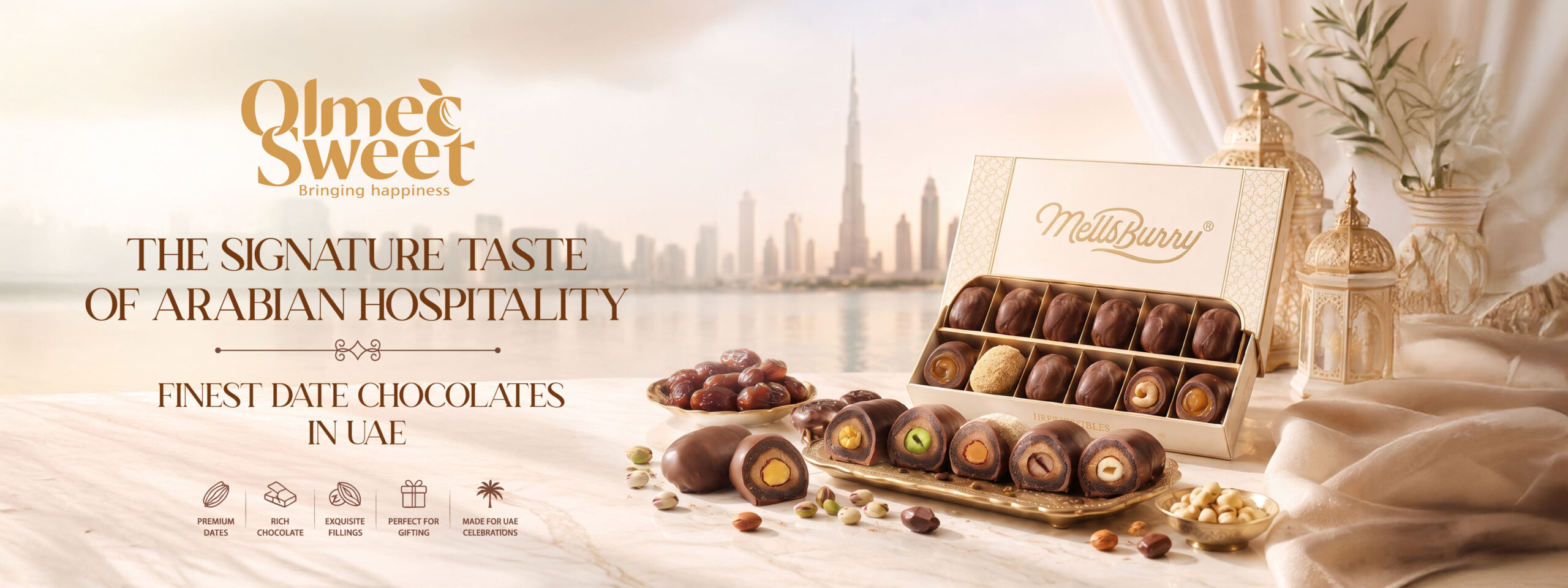 Olmec Sweet signature collection of flavored date chocolates with packaging and chocolate pieces displayed