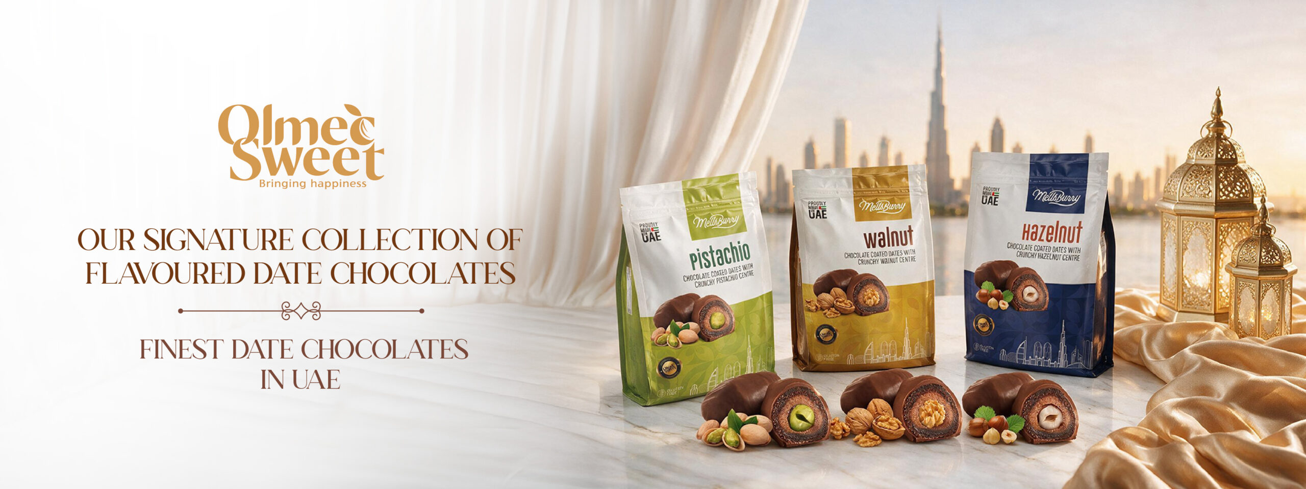 Olmec Sweet signature collection of flavored date chocolates featuring pistachio, walnut, and hazelnut varieties with packaging and chocolate pieces on display, showing finest date chocolates in UAE