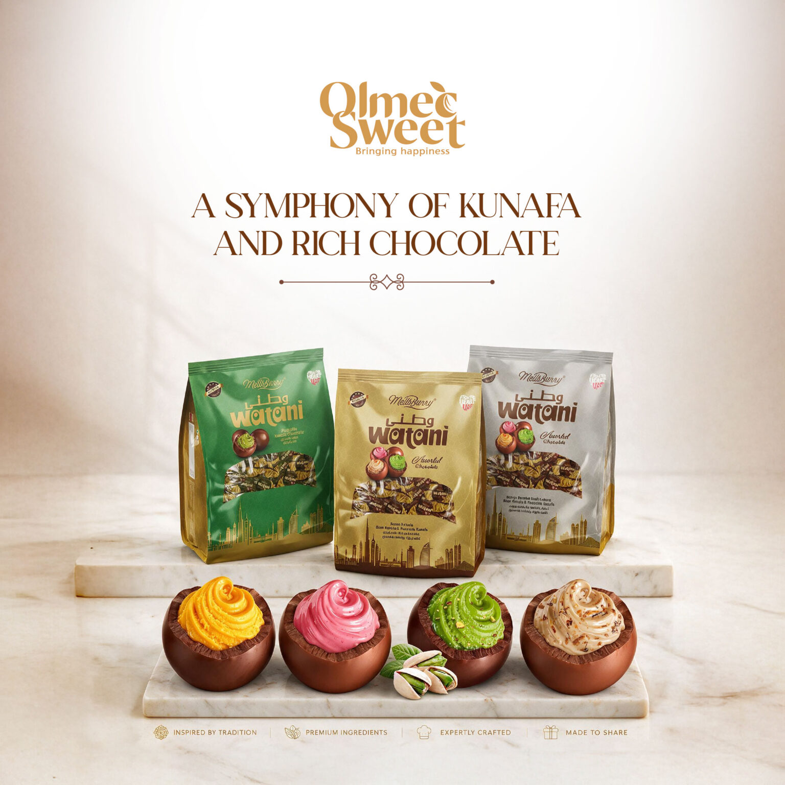 Olmec Sweet Watalni collection featuring kunafa and rich chocolate date chocolates with packaged products and four artisan-crafted pieces
