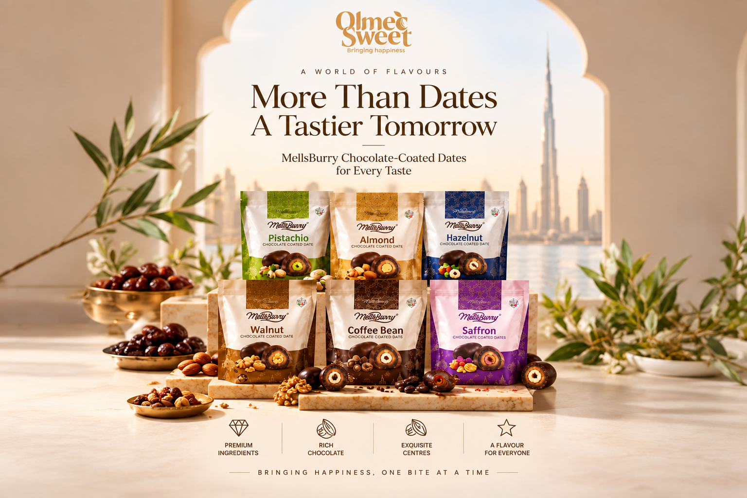 Olmec Sweet MellsBurry chocolate-coated dates in pistachio, almond, hazelnut, walnut, coffee bean and saffron flavours