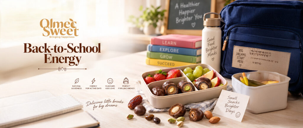 Olmec Sweet back-to-school energy snacks with fresh fruit, chocolate treats, and a kids’ lunchbox