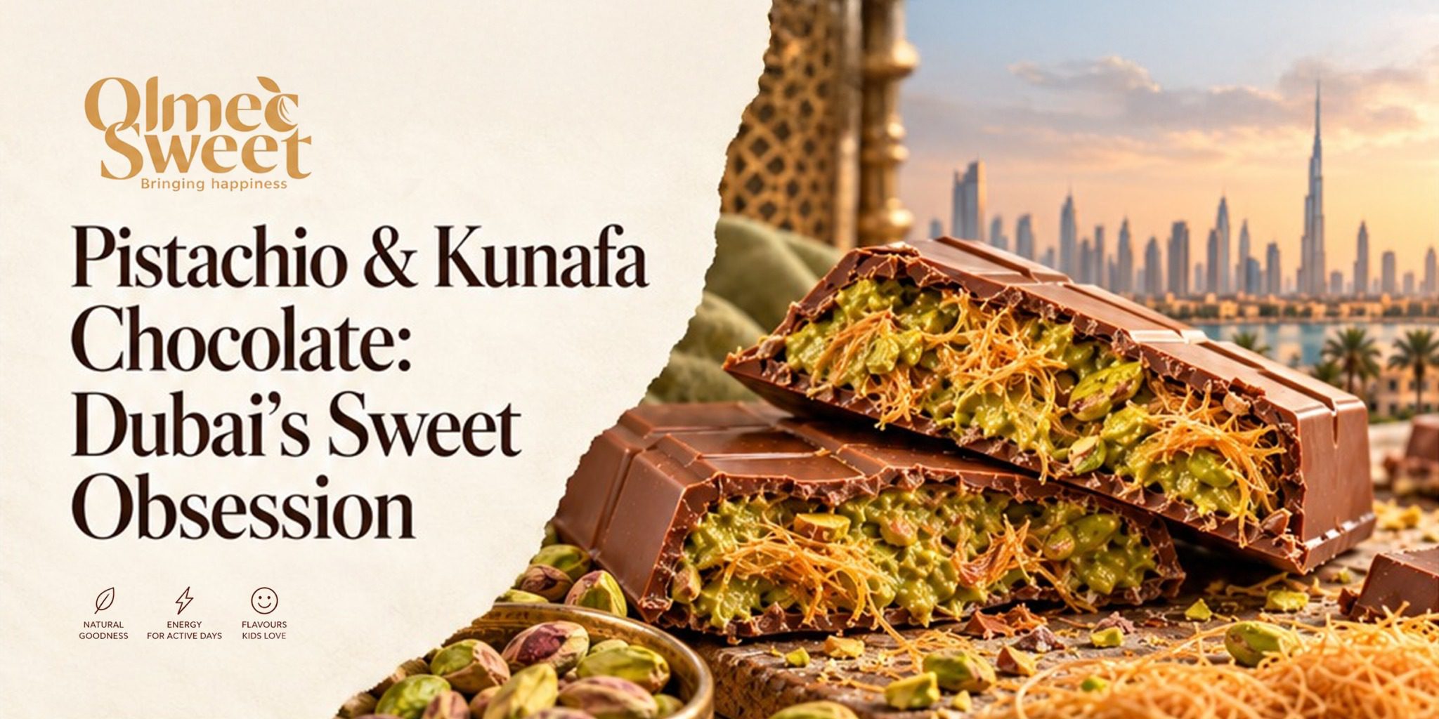Olmec Sweet pistachio and kunafa chocolate banner with Dubai skyline