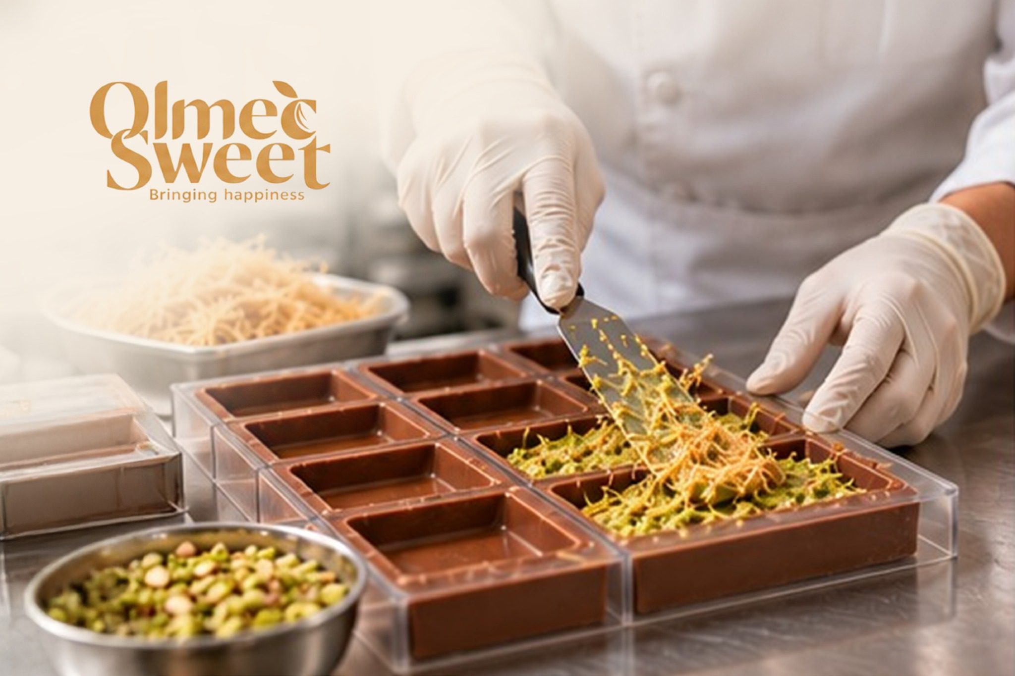 Gloved hands adding pistachio and kunafa filling to chocolate moulds, with bowls of ingredients nearby