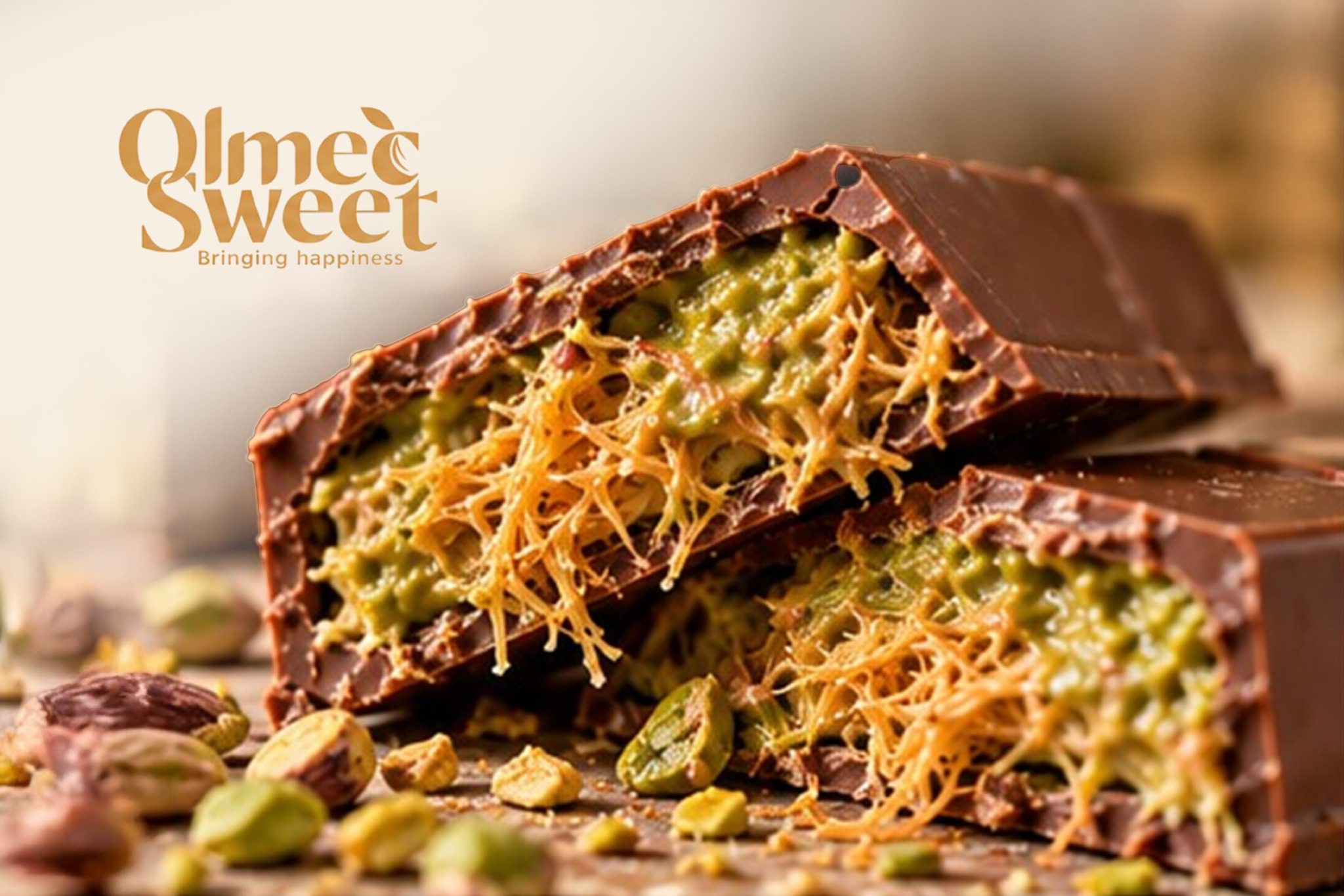 Broken chocolate pieces revealing pistachio filling and golden kunafa strands, with pistachios scattered alongside